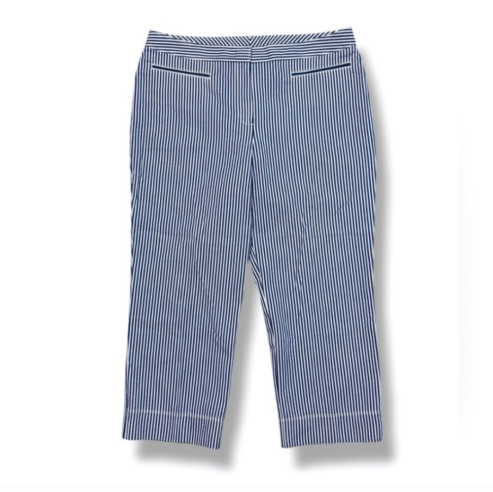 ST JOHN Blue & White Striped Seersucker Cropped Capri Pants